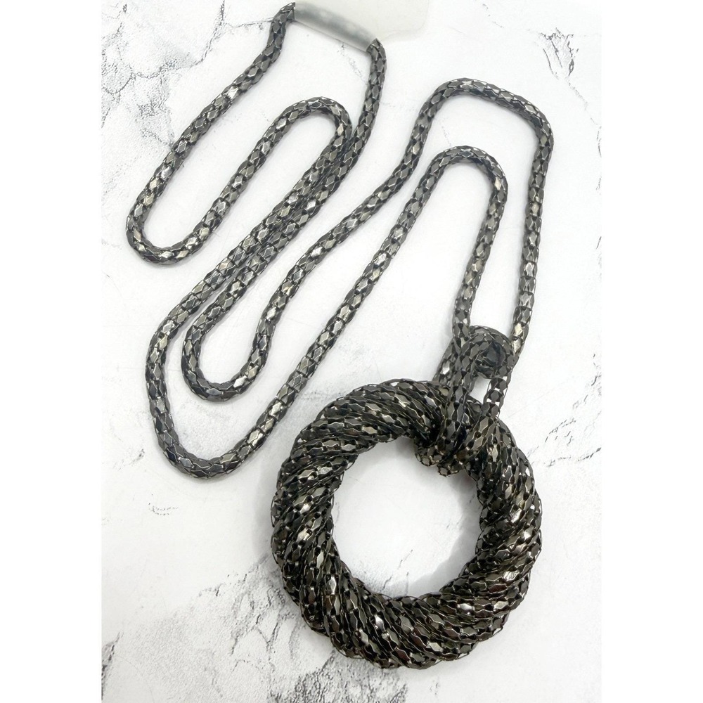 Dark Gray Brown Textured Round Pendant Necklace 30 Inch